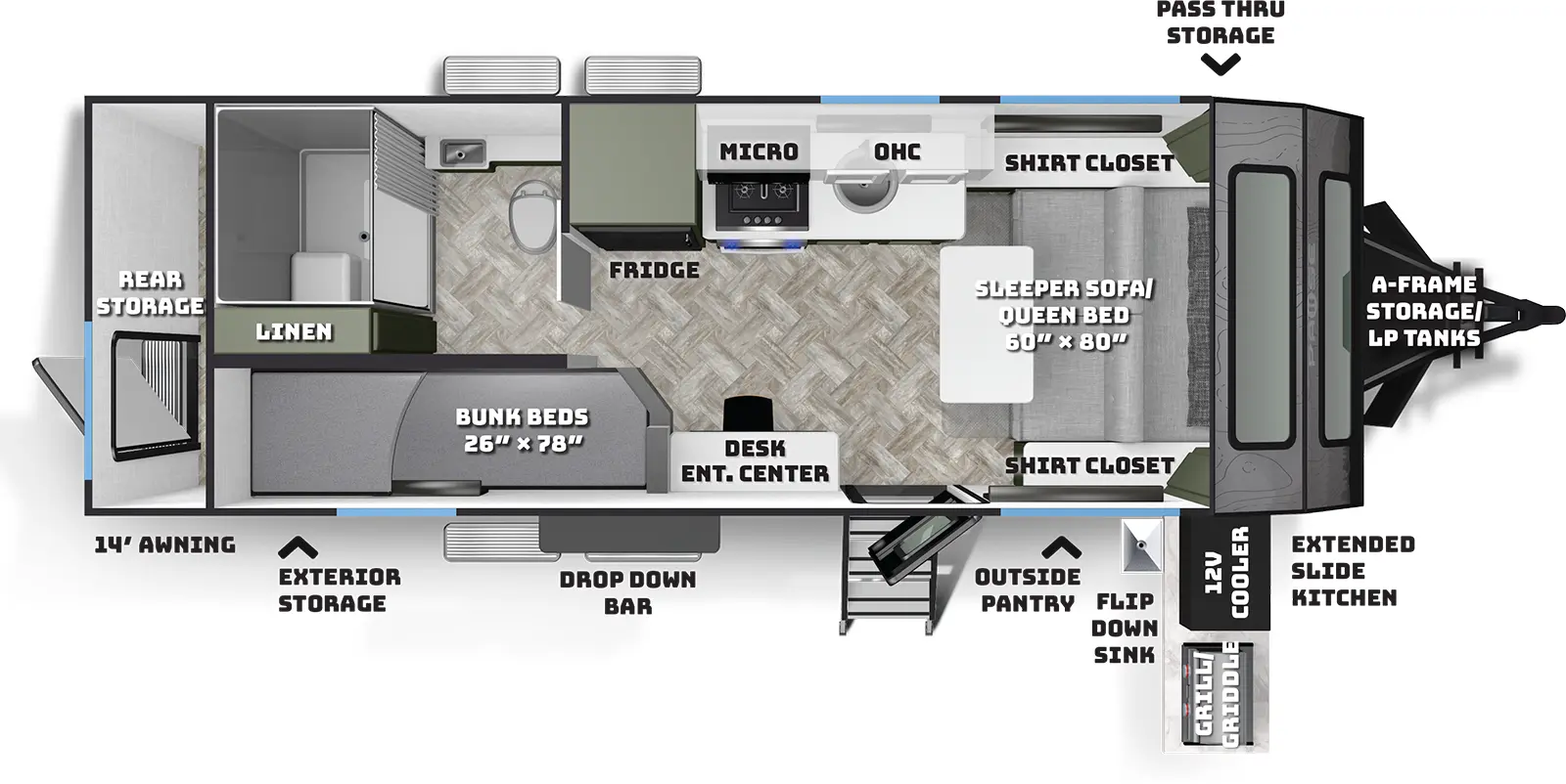 The XC21.4 has zero slideouts and one entry. Exterior features front a-frame storage/LP tanks, front pass thru storage, front door side extended slide kitchen with 12 volt cooler, griddle/grill, flip-down sink, and pantry, 14 foot awning, mid door side drop down bar, rear door-side storage, and rear storage with walk-in access. Interior layout front to back: sleeper sofa/queen bed with shirt closets on each side; off-door side kitchen counter with sink and cooktop with overhead cabinet and microwave, and refrigerator; door side entry, and desk/entertainment center; rear off-door side full bathroom with linen closet; rear door side bunk beds.